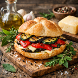 49. Peperoni, zucchine, melanzane, mix erbe (timo, rosmarino, alloro, maggiorana), formaggio, pepe, sale, EVO