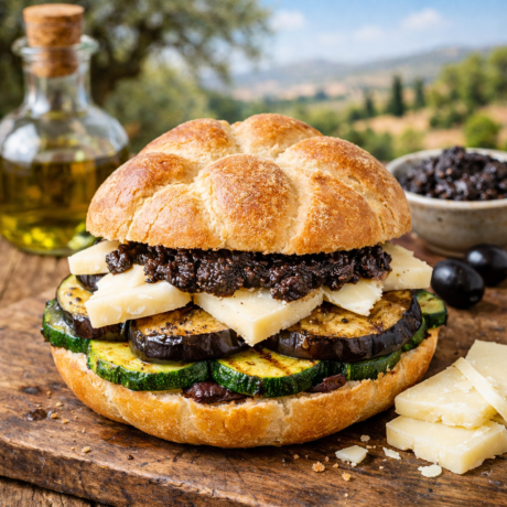 50. Zucchine, melanzane, pecorino stagionato, salsa olive nere