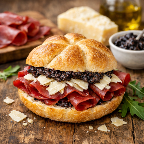 46. Bresaola, parmigiano a scaglie, salsa olive nere